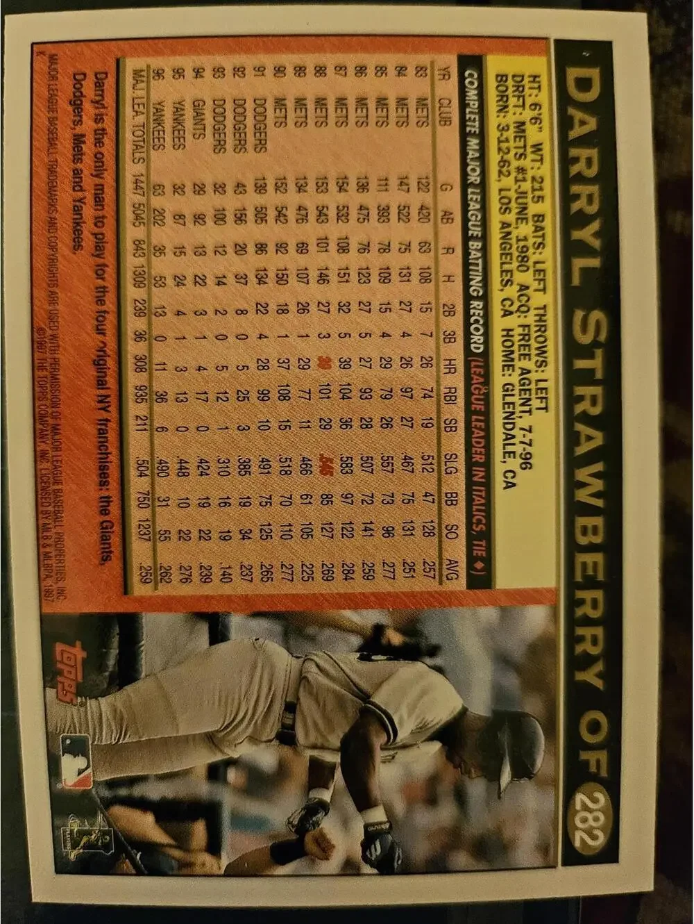 Darryl Strawberry - 1997 Topps #282 - Yankees - RAW mint - Picture 2 of 2